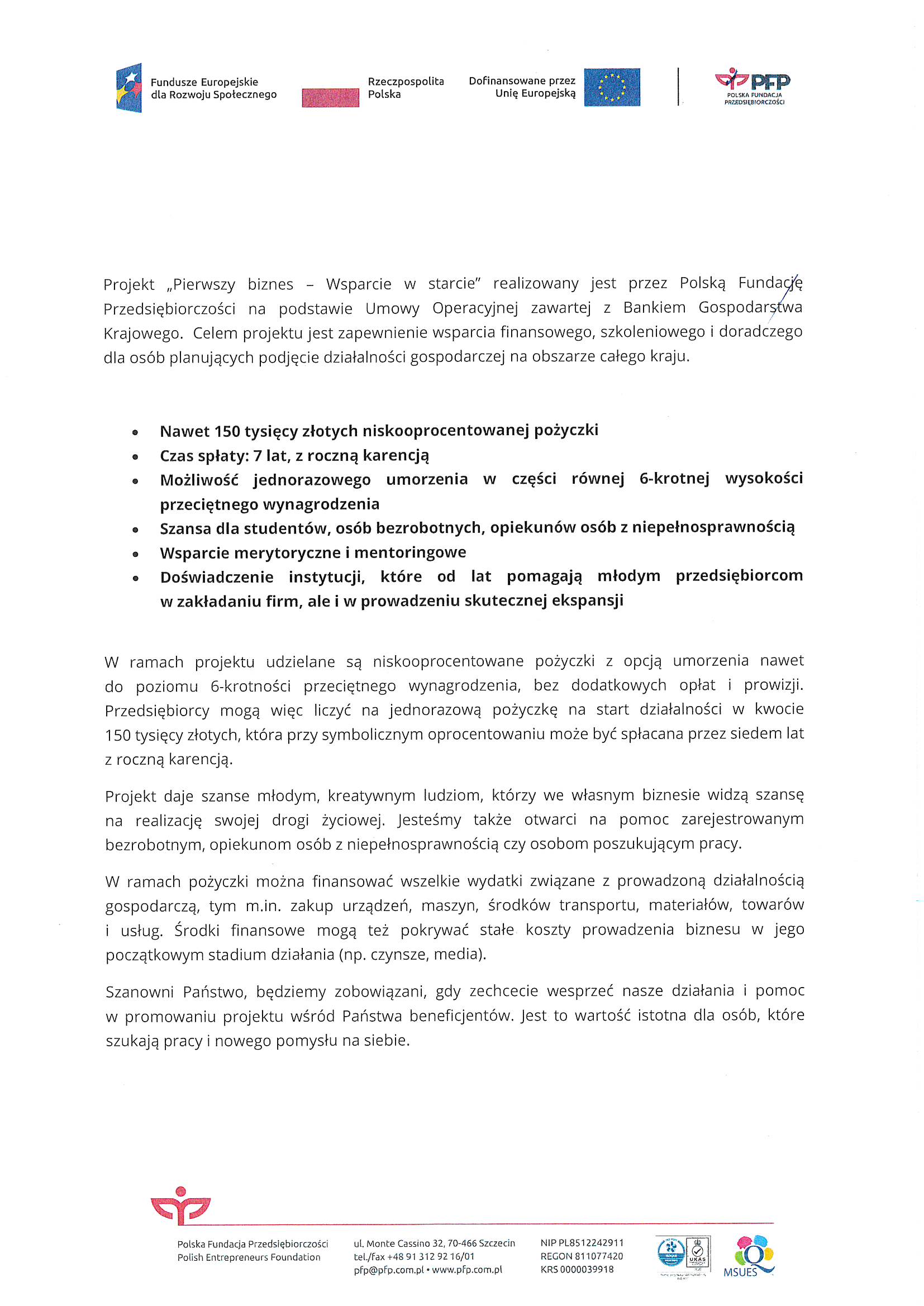 informacja o projekcie Pierwszy biznes- wsparcie w starcie