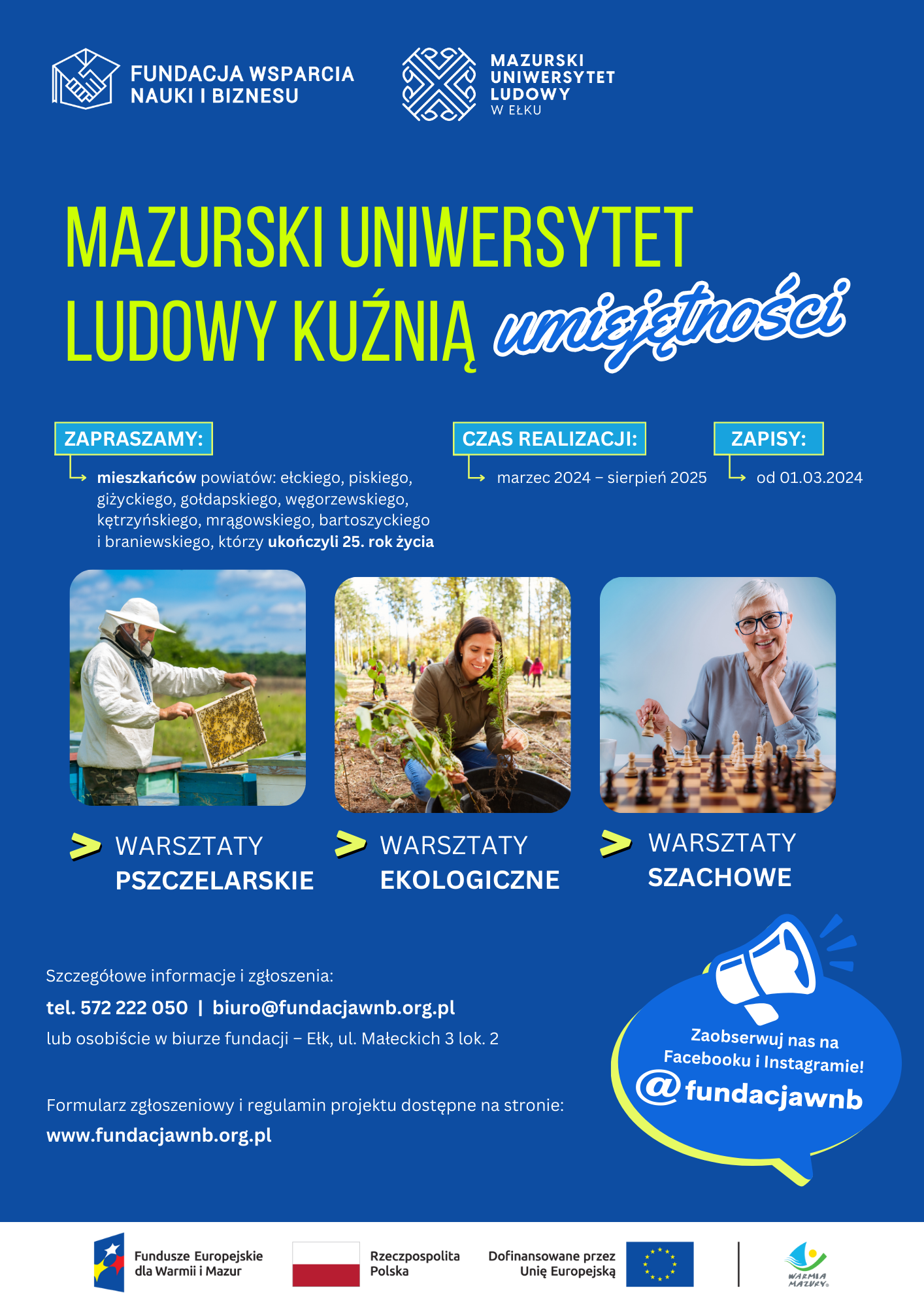 Plakat informujący o projekcie: Mazurski Uniwersytet Ludowy kuźnią umiejętności
