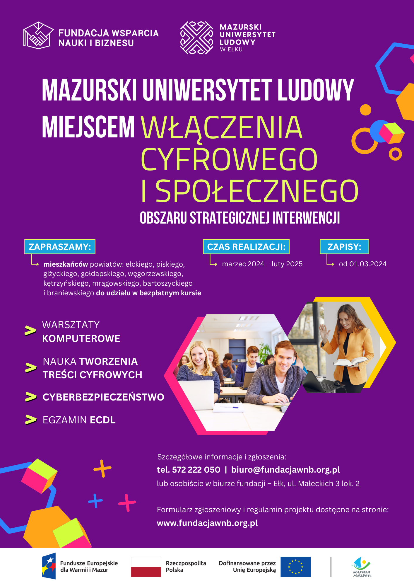 Plakat promujący projekt: Mazurski Uniwersytet Ludowy miejscem włączenia cyfrowego i społecznego