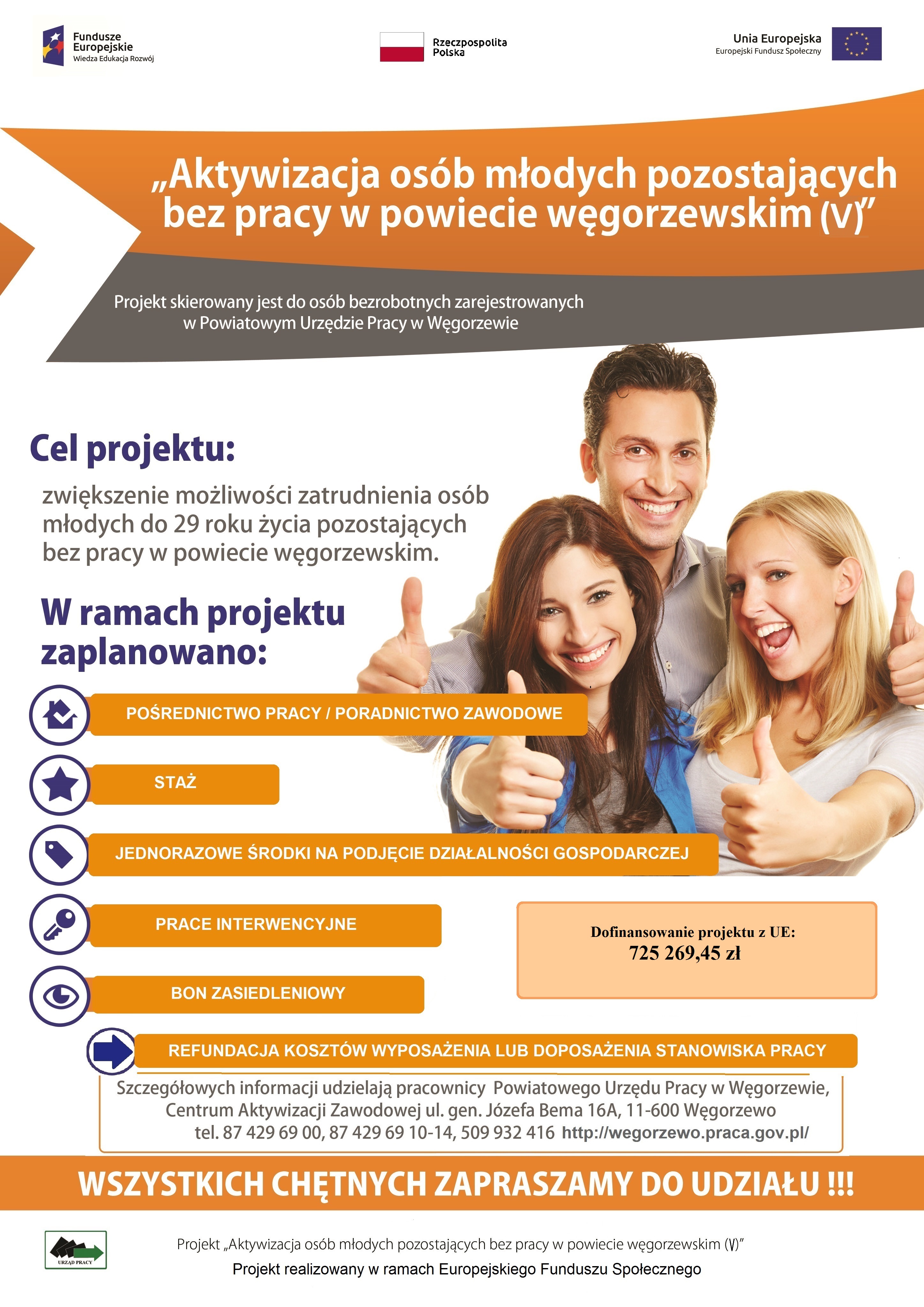 Plakat projektu zachęcający do wzięcia w nim udziału informujący o formach wsparcia realizowanych w 2020 roku