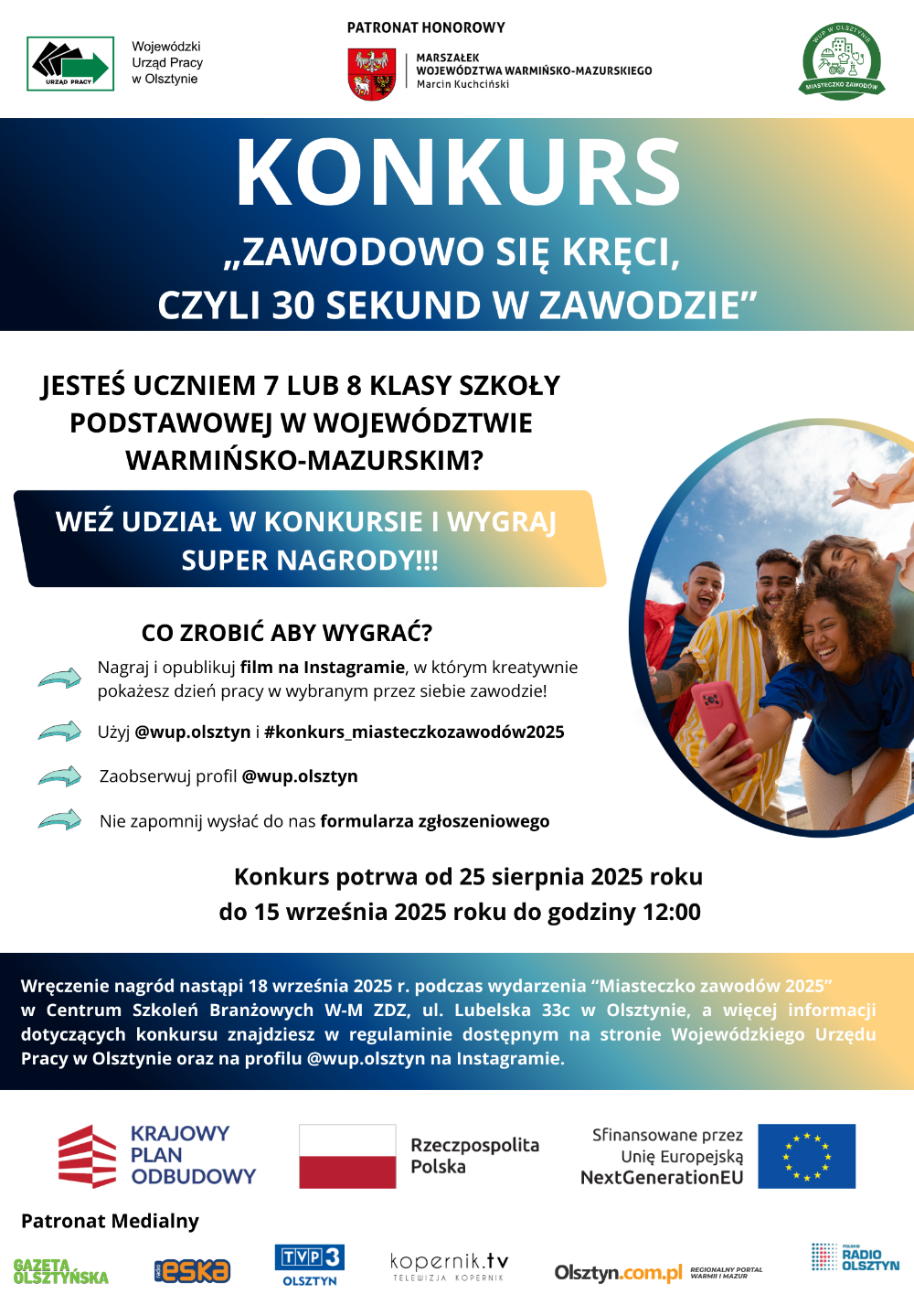 Plakat informujący o konkursie dotyczącym programu miasteczko zawodów 2025