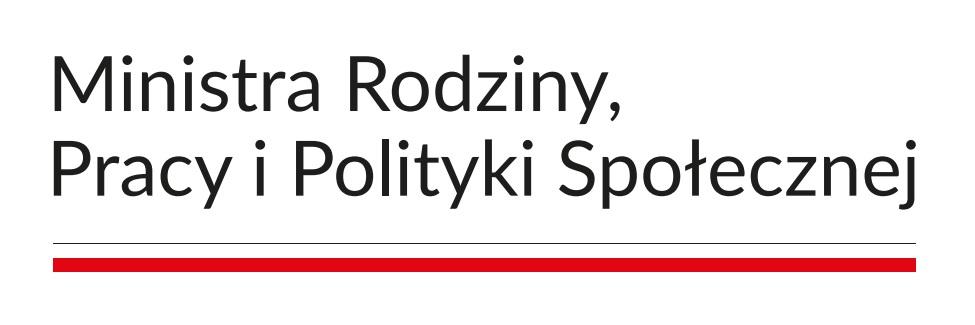 Logo MRPiPS zawierające tekst: Ministra Rodziny, Pracy i Polityki Społecznej i poniżej rozciągnięta biało- czerwona flaga RP